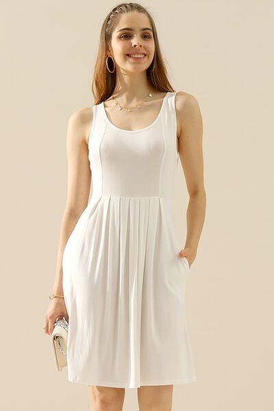 Doublju Full Size Round Neck Ruched Sleeveless Dress with Pockets |1mrk.com