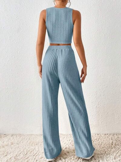 Ribbed Round Neck Tank and Pants Sweater Set |1mrk.com