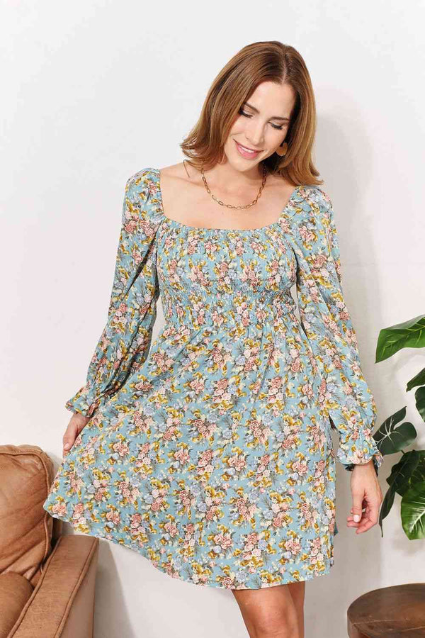 Double Take Floral Smocked Flounce Sleeve Square Neck Dress |1mrk.com