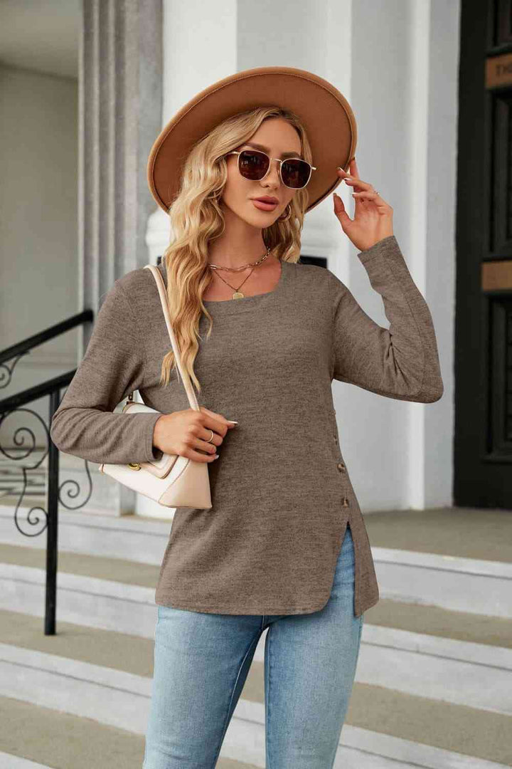 Square Neck Long Sleeve Slit T-Shirt | 1mrk.com