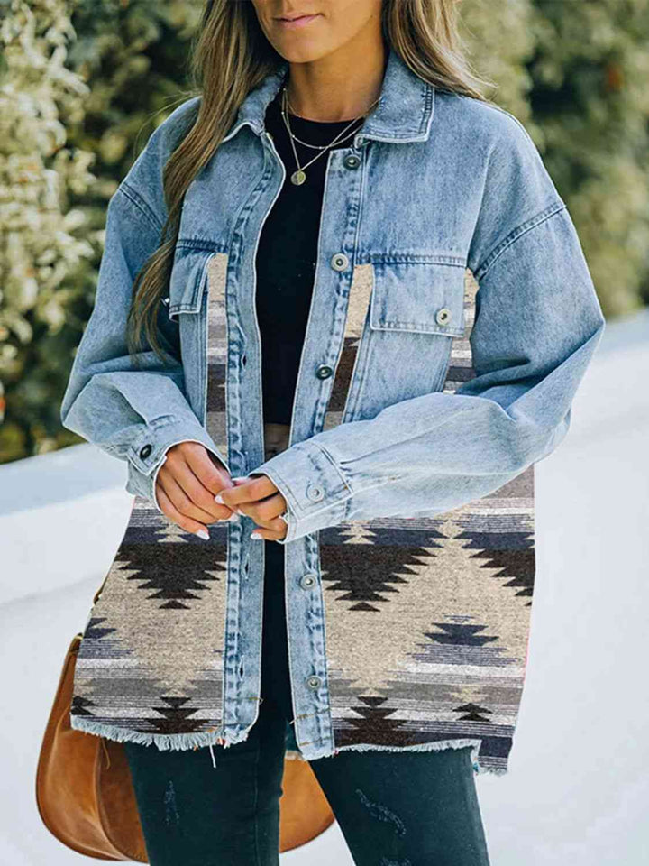 Collared Neck Dropped Shoulder Denim Jacket | 1mrk.com