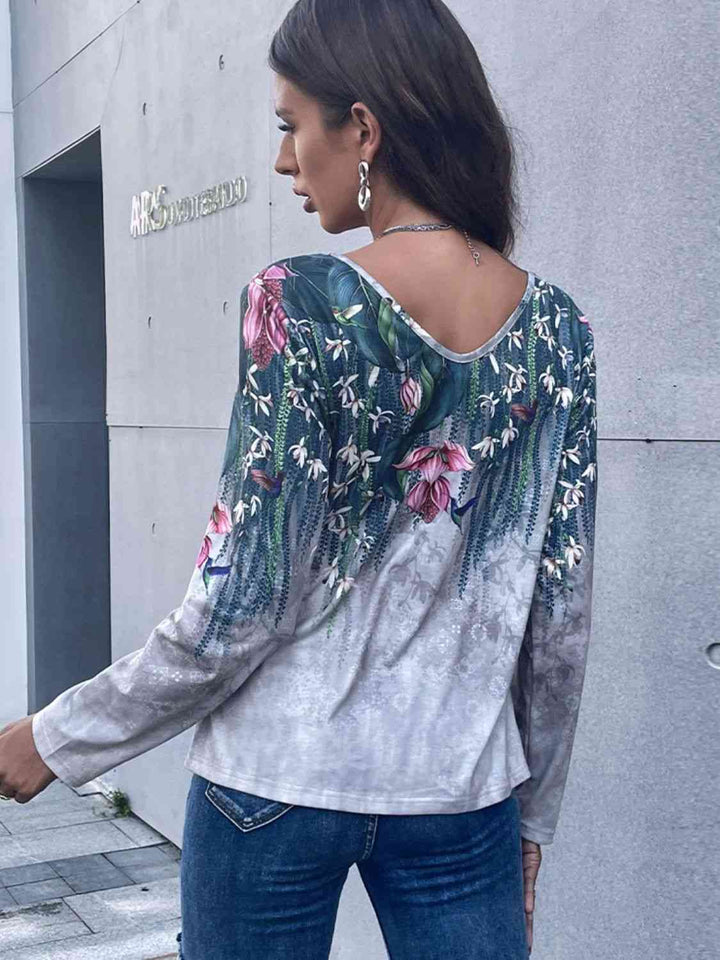 Floral V-Neck Long Sleeve Tee | 1mrk.com