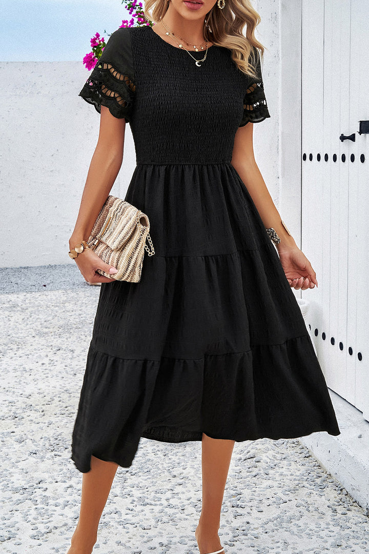 Smocked Round Neck Short Sleeve Midi Dress | Trendsi