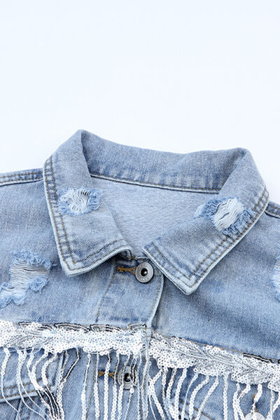 Sequin Fringe Trim Distressed Button Up Denim Jacket | 1mrk.com