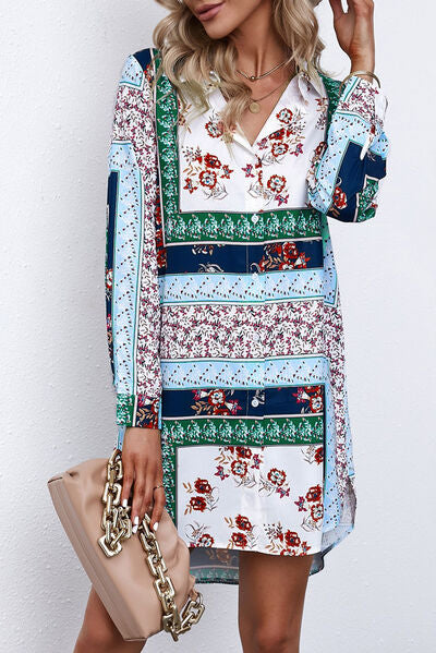 Printed Button Up Long Sleeve Shirt Dress | Trendsi