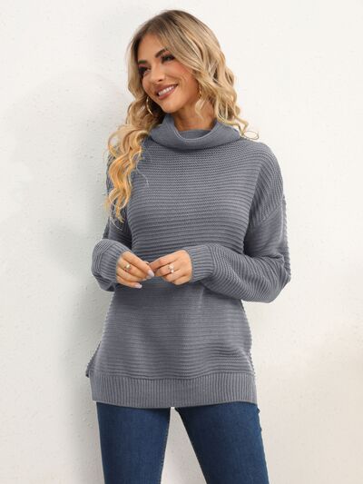 Slit Turtleneck Dropped Shoulder Sweater |1mrk.com