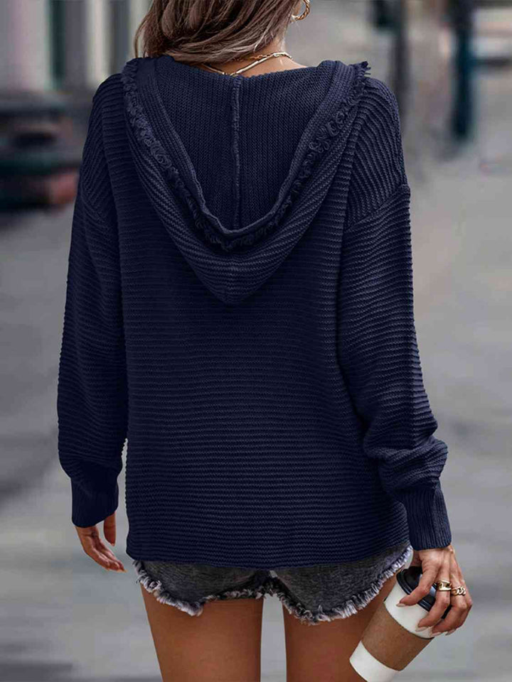 Ribbed Fringed V-Neck Hooded Sweater |1mrk.com