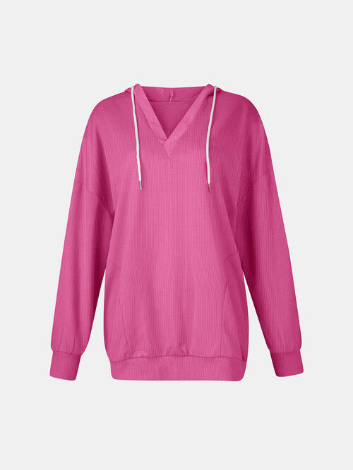 Drawstring V-Neck Long Sleeve Hoodie | 1mrk.com