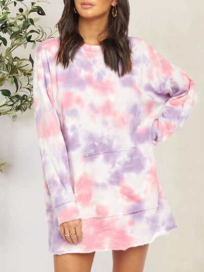 Tie-Dye Round Neck Dropped Shoulder Tee Dress |1mrk.com