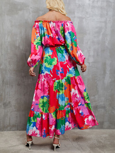 Printed Off-Shoulder Balloon Sleeve Tiered Dress |1mrk.com