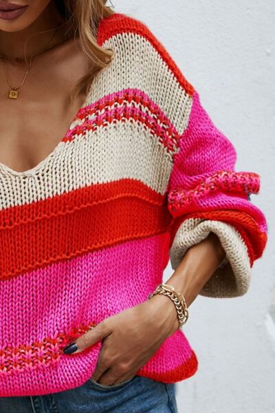 Color Block V-Neck Dropped Shoulder Sweater |1mrk.com