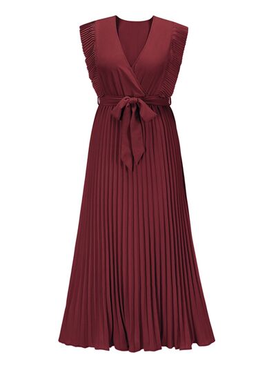 Tied Surplice Cap Sleeve Pleated Dress |1mrk.com