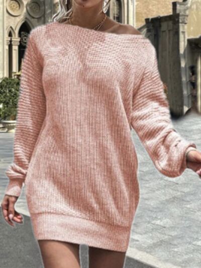 One Shoulder Lantern Sleeve Sweater Dress | 1mrk.com