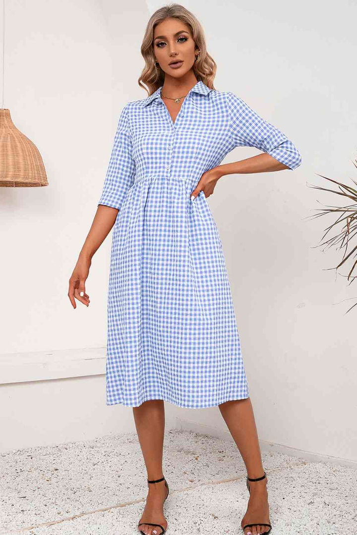 Plaid Collared Neck Midi Dress |1mrk.com