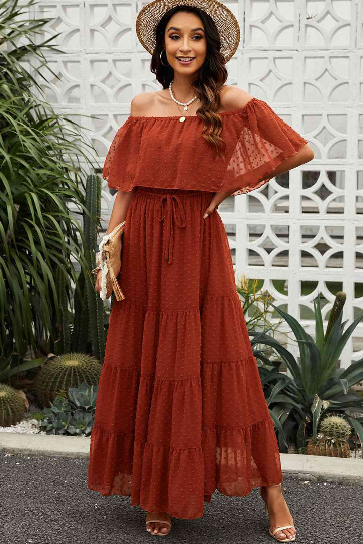 Swiss Dot Off-Shoulder Tiered Maxi Dress |1mrk.com