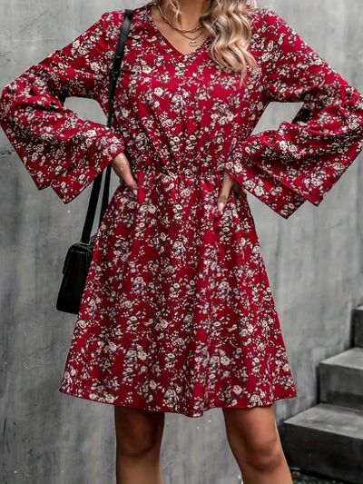 Printed V-Neck Long Sleeve Mini Dress | Trendsi