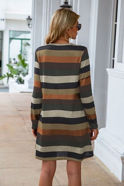 Striped Round Neck Long Sleeve Dress |1mrk.com