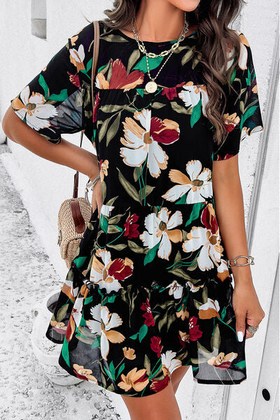 Printed Tiered Round Neck Mini Dress |1mrk.com