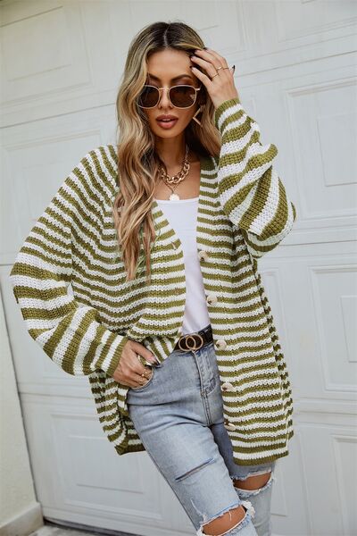 Striped Button Up Long Sleeve Cardigan |1mrk.com