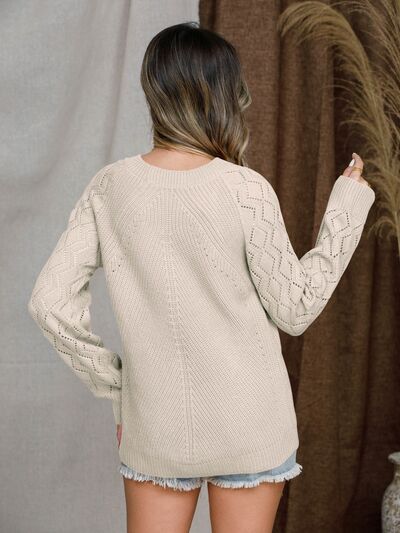 Openwork Round Neck Raglan Sleeve Sweater |1mrk.com