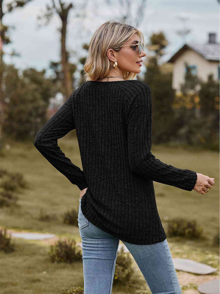 Full Size Ribbed Square Neck Long Sleeve T-Shirt | 1mrk.com