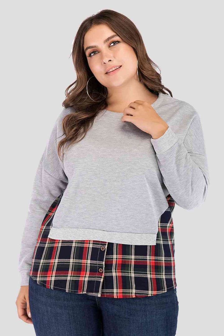 Full Size Plaid Patch Drop Shoulder Round Neck Top | 1mrk.com