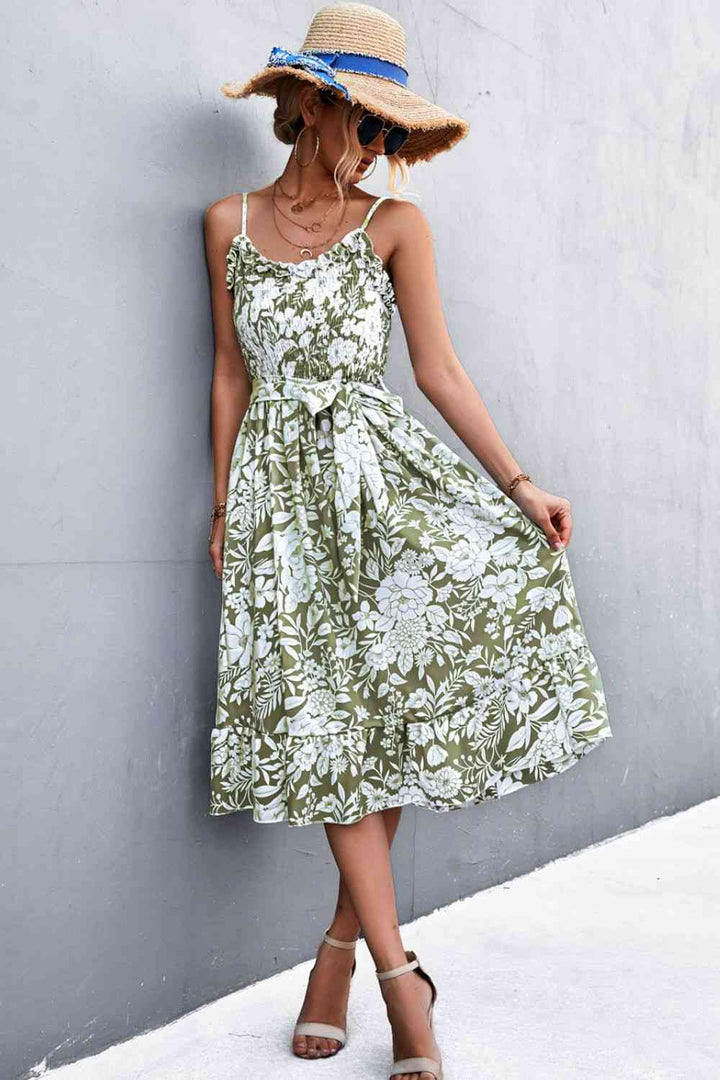 Floral Frill Trim Scoop Neck Spaghetti Strap Dress |1mrk.com