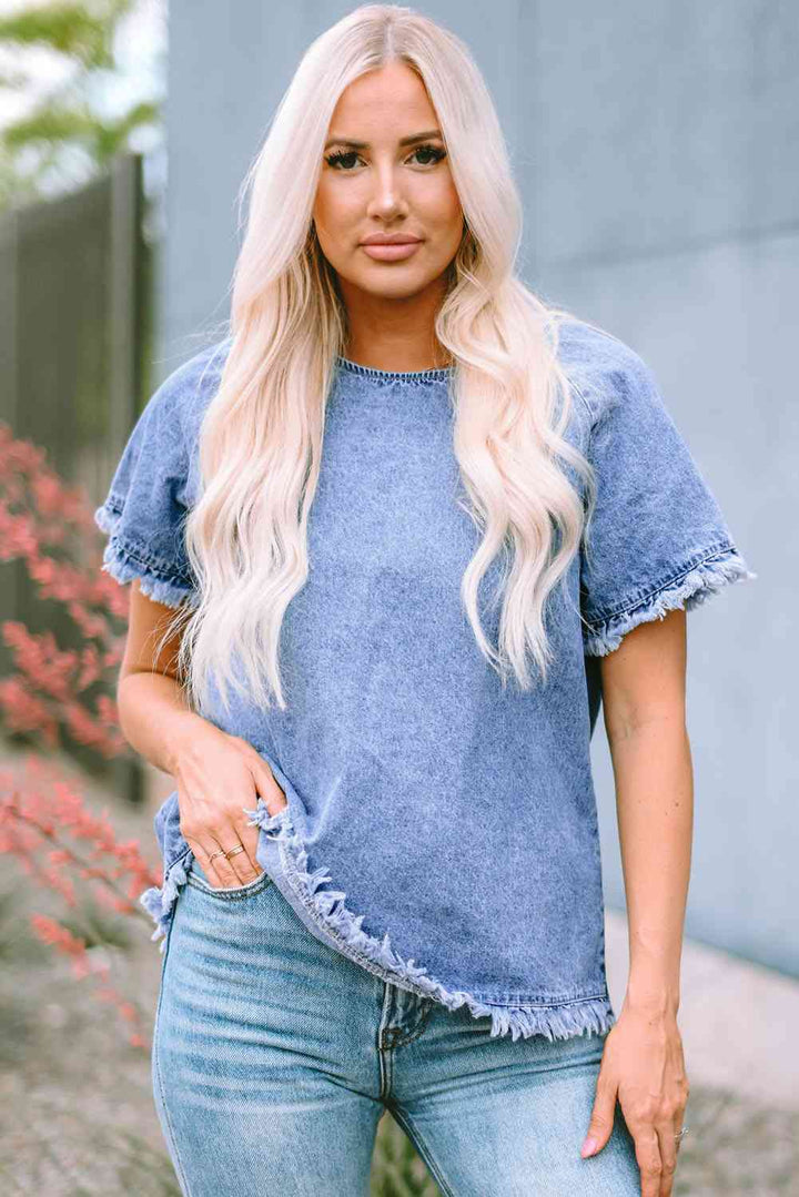 Round Neck Raglan Sleeve Raw Hem Denim Top | 1mrk.com