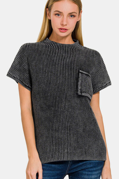 Zenana Pocketed Mock Neck Short Sleeve Sweater | Trendsi