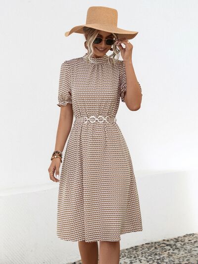 Printed Mock Neck Flounce Sleeve Dress |1mrk.com