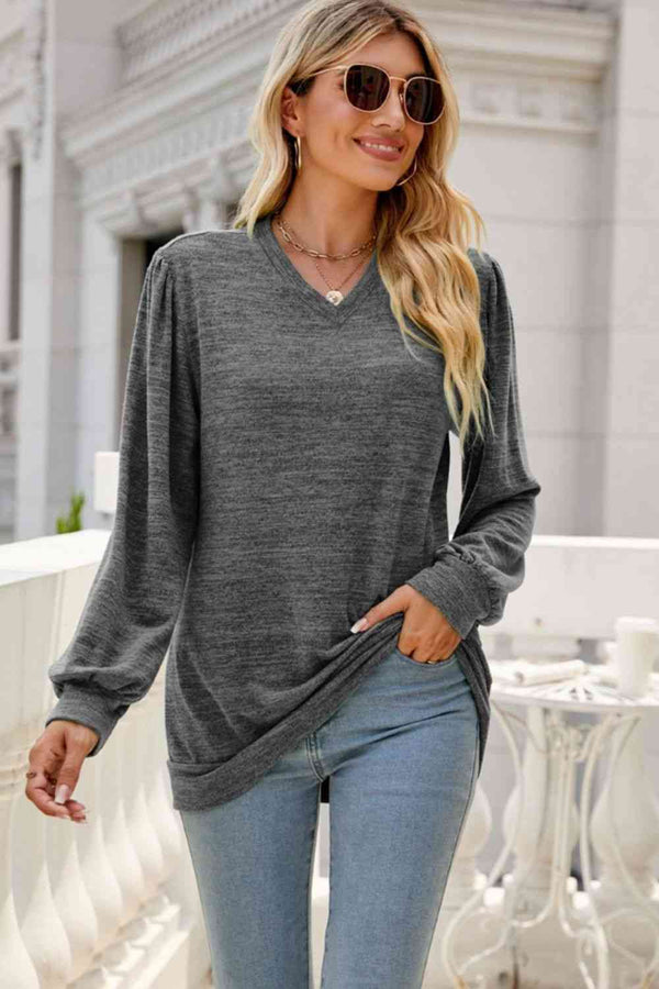 Long Puff Sleeve V-Neck Top | 1mrk.com