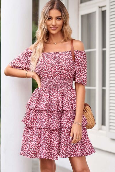 Floral Smocked Short Sleeve Layered Dress |1mrk.com