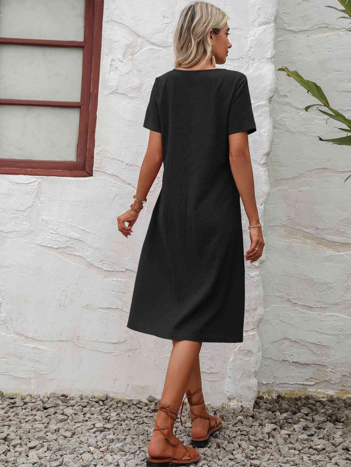 Round Neck Short Sleeve Dress with Pockets |1mrk.com