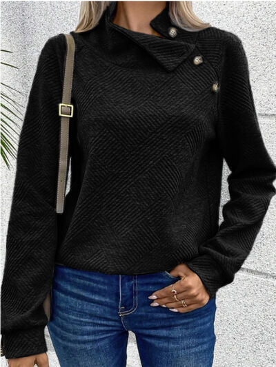 Buttoned Mock Neck Long Sleeve Sweatshirt |1mrk.com