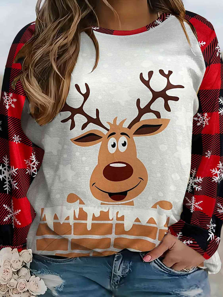 Plus Size Reindeer Graphic Round Neck Long Sleeve T-Shirt | 1mrk.com