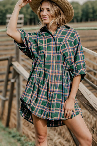 Plaid Button Up Collared Neck Shirt Dress |1mrk.com