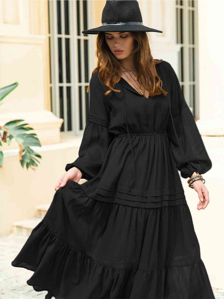 Tie Neck Long Sleeve Midi Tiered Dress | 1mrk.com