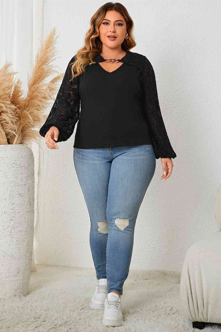 Plus Size Cutout Front Lace Sleeve Blouse | 1mrk.com