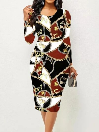 Printed Round Neck Long Sleeve Midi Dress |1mrk.com