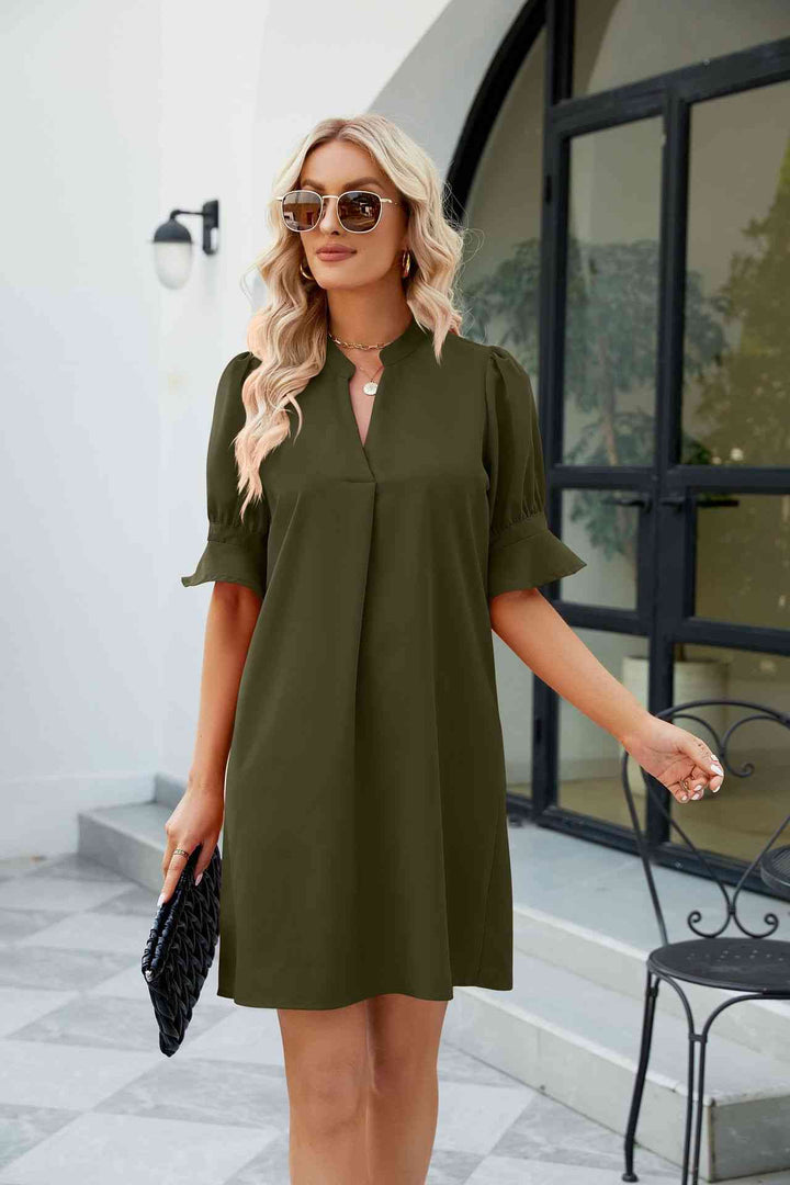 Notched Neck Flounce Sleeve Mini Dress |1mrk.com