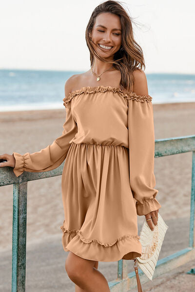 Frill Off-Shoulder Flounce Sleeve Dress |1mrk.com