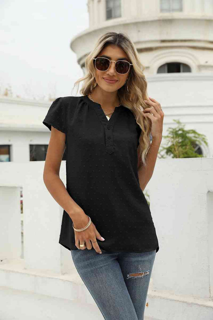 Swiss Dot Notched Neck Short Sleeve Top | 1mrk.com