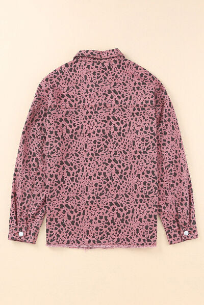 Leopard Raw Hem Button Up Denim Jacket |1mrk.com