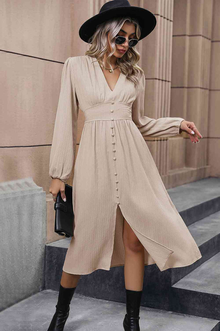 V-Neck Buttoned Slit Dress |1mrk.com