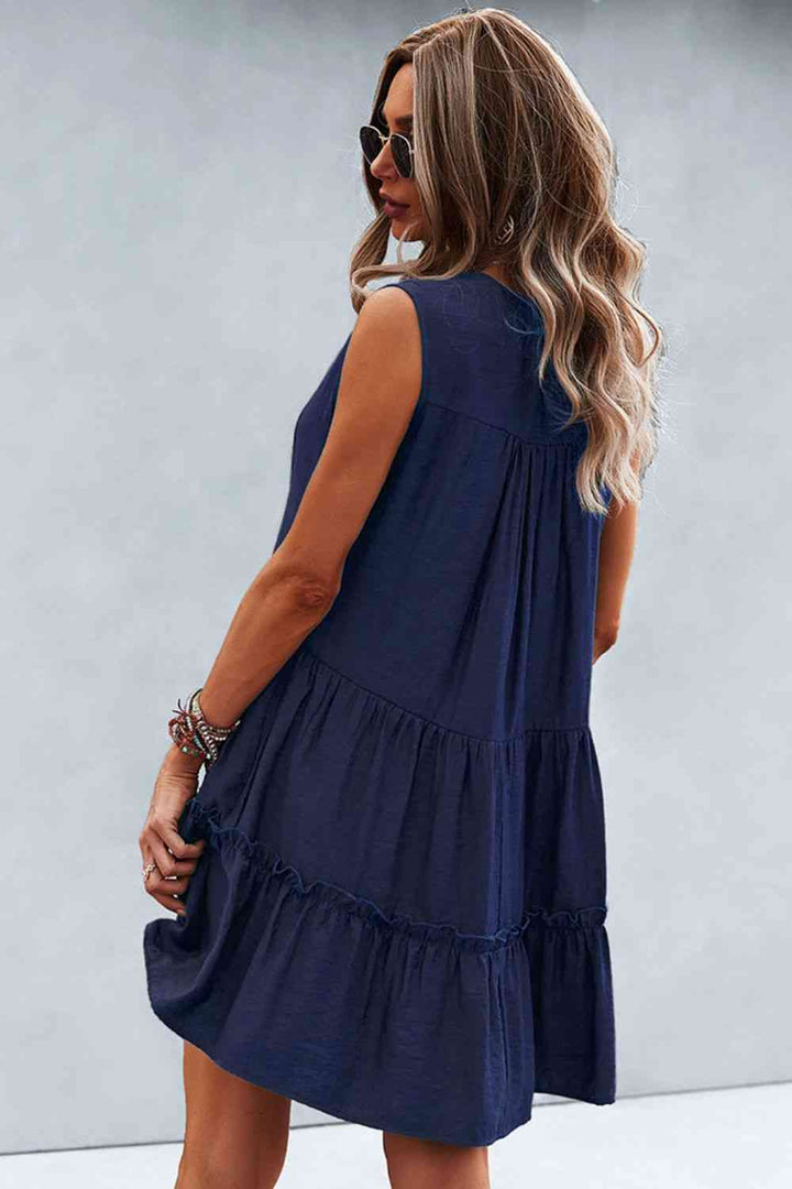 Frill Trim Notched Sleeveless Tiered Dress |1mrk.com