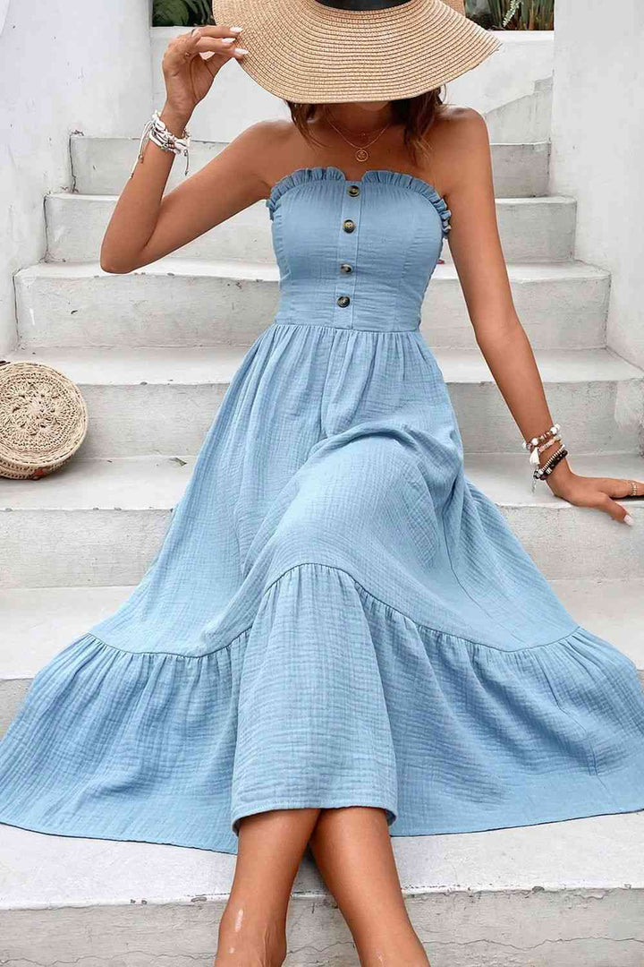Sweetheart Neck Buttoned Sleeveless Midi Dress | 1mrk.com