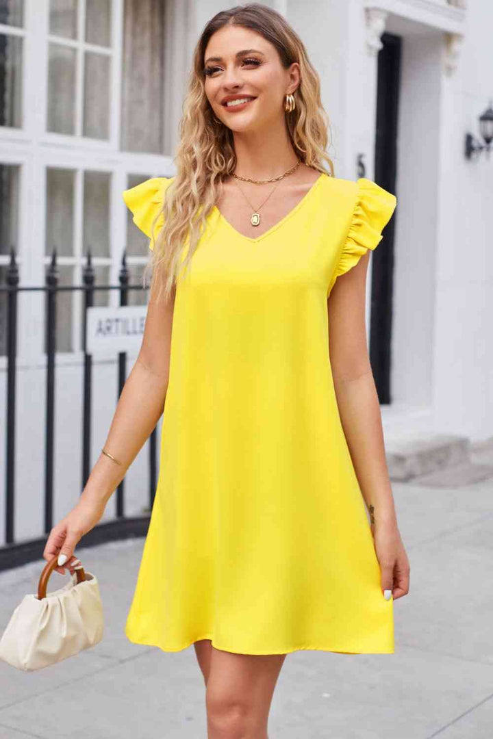 Ruffled V-Neck Flutter Sleeve Dress |1mrk.com