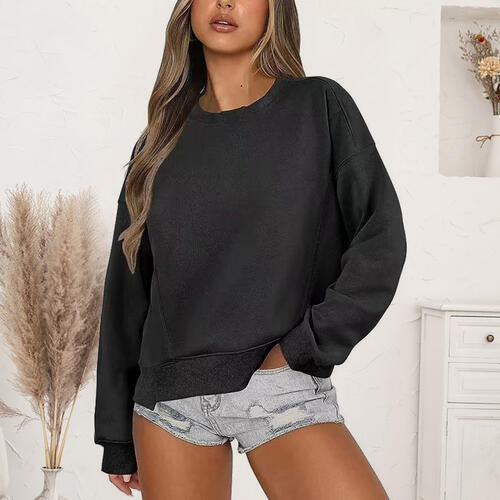 Round Neck Drop Shoulder Long Sleeve Sweatshirt |1mrk.com