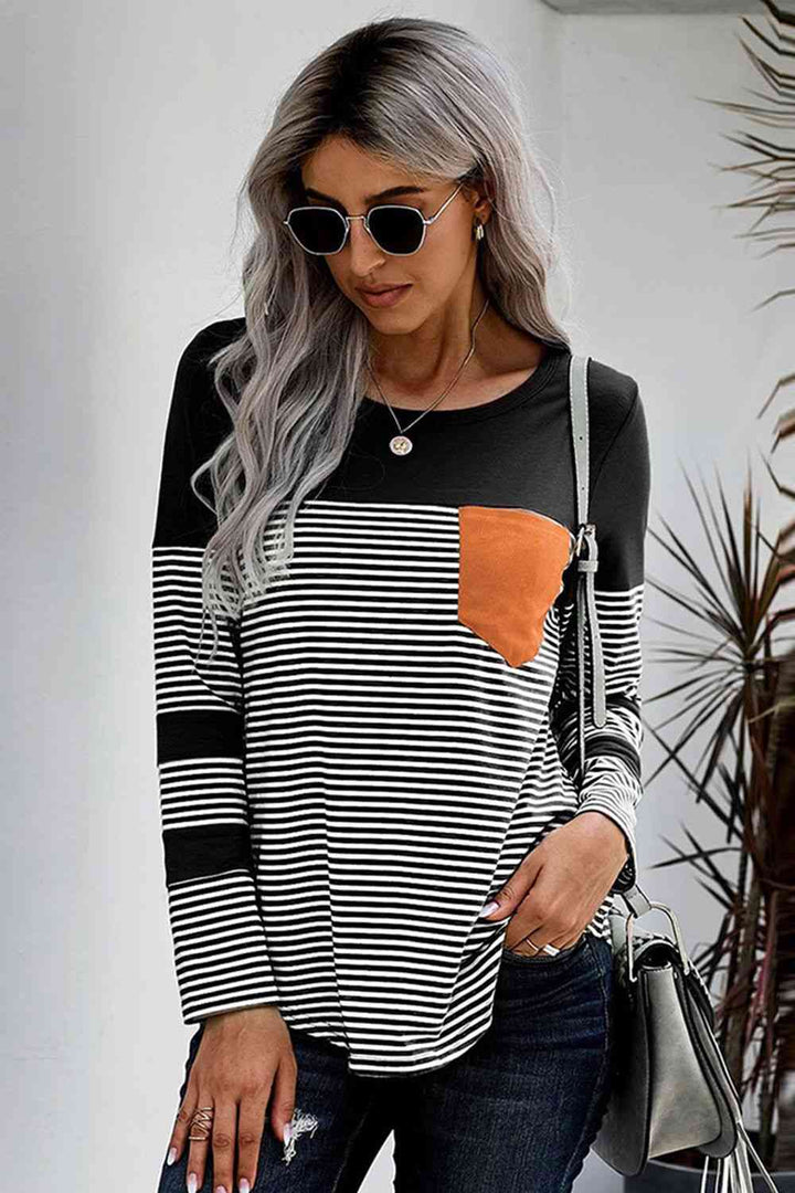 Striped Round Neck Long Sleeve T-Shirt | 1mrk.com