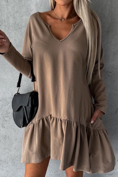 Notched Long Sleeve Ruffle Hem Mini Dress | 1mrk.com